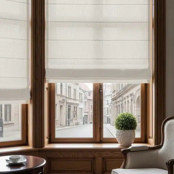 Motorized Roman shades in cozy sitting area with armchair, small table, potted plant, and street view through wooden-framed windows.